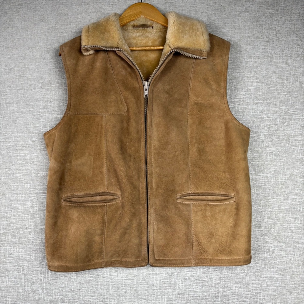 Vintage Mens Tan Suede Shearling Sheepskin Zip Up Vest Medium Boho Western